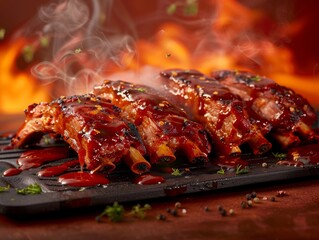 An epic stylized advertise photo of BBQ Ribs bursting energetically from a smoker tray, with barbecue sauce and smoke swirls floating up, set against a deep sunset orange background