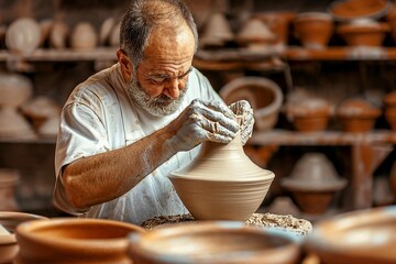 Artisan potter in workshop with handcrafted ceramics. Portrait of a focused craftsman surrounded by earthenware in a pottery studio