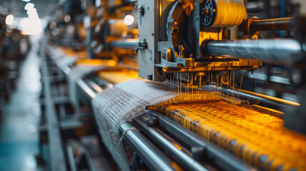 Fototapeta premium a Textile manufacturing where robots workers winding thread, sewing, stripping