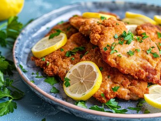 Bold shot of German Schnitzel bursting from a plate, with lemon slices and parsley rising, set against a Bavarian blue background