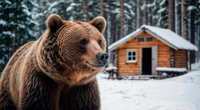 Bear in the forest in winter with a hut in the background