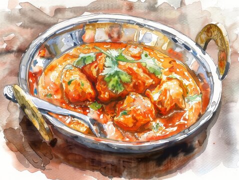 Butter Chicken on a polished metal plate, soft light from window - in set of cozy Indian restaurant, winter season - focus on product - watercolor pencil illustration