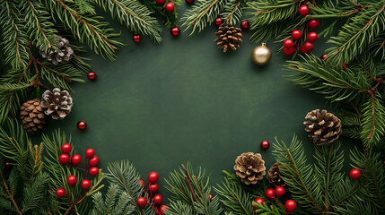 Fototapeta na wymiar Festive Christmas Frame of Pine Branches and Holiday Ornaments