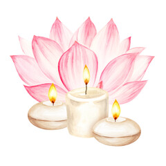 watercolor burning white candles with fire and pink tropical lotus flower, illustration for cozy interior, spa and yoga salons isolated on white background