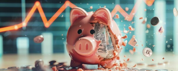 Tight shot on a shattered piggy bank with a financial crisis chart behind, illustrating loss and despair - obrazy, fototapety, plakaty