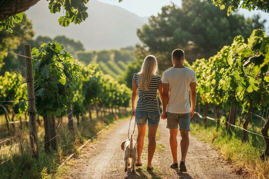 Back view of a young couple strolling with their pet dog along a scenic vineyard path during golden hour. Couple with dog walking through vineyard at sunset - Powered by Adobe