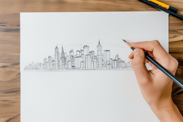 person sketches a cityscape on blank paper with a pencil - 769846533