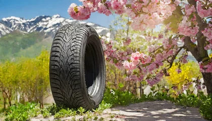 Fotobehang tire and grass summer tires in the blooming spring in the sun - time for summer tires © Amrat