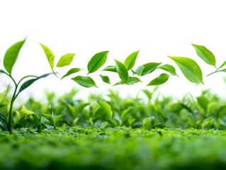 Fototapeta premium Fresh Green Leaves Tossed in the Air with Vibrant Nature Background