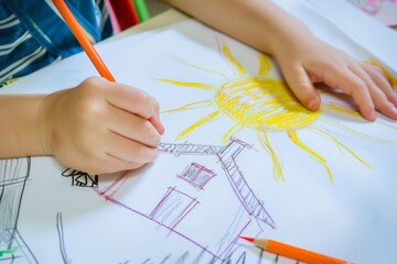 child drawing a house and sun on paper with a pencil - 769846788