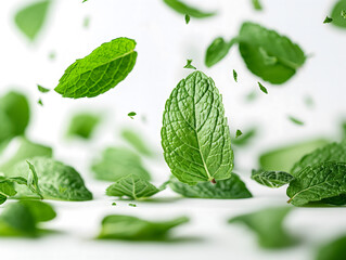 Floating Fresh Mint Leaves on a Bright White Background