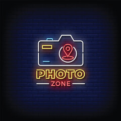 Neon Sign photo zone with brick wall background vector