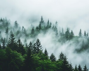 a foggy forest with trees in the background and fog in the background.