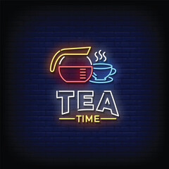 Neon Sign tea time with brick wall background vector