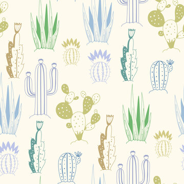 Various cacti grow in the desert.Vector repeating texture, Mexican cacti.Seamless pattern.