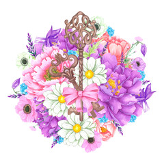 Hand drawn watercolor flowers bouquet with vintage keys isolated on white background. Can be used for post card, label and other printed products.