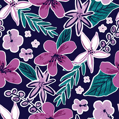 Seamless hand drawn tropical vector hibiscus floral. with dark background. Adobe Illustrator Artwork. Hawaiian summer floral pattern for girls, teens, ladies fashion clothing and swimwear