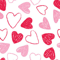Red seamless heart pattern with white background and pink hearts in repeat vector illustration. Cute, romantic valentines day holiday, wedding designs, kids, teens and girls fashion. 