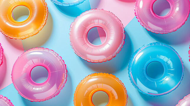Beautiful wallpaper with different pastel colored inflatable rings on light blue background. Summer backdrop. Bright colors.