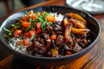 Fototapeta premium Pabellon Criollo dish featuring rice, black beans, tender beef, and sweet fried plantains. Venezuelan dish.