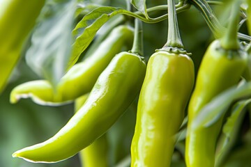 closeup of green chili peppers on the vine
