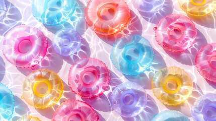 Beautiful wallpaper with different pastel colored inflatable rings on light blue background. Summer backdrop. Bright colors.