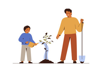 Father and son plant young tree in the ground. Happy man and small boy watering sapling outside together.  Green ecology and environment forest conservation concept. Vector illustration - 769847947