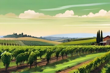 Fototapeta premium Green fresh outdoor nature farm countryside vineyard landscape background. Graphic Art Generative AI
