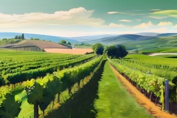 Fototapeta na wymiar Green fresh outdoor nature farm countryside vineyard landscape background. Graphic Art Generative AI