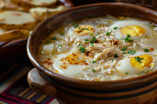 Andean Soup pisca Andina it consists of potatoes, milk, egg, Fresh cheese and is flavored with cilantro close-up in a bowl on the table.