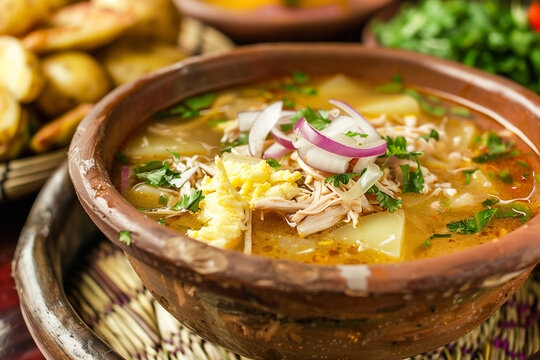 Andean Soup pisca Andina it consists of potatoes, milk, egg, Fresh cheese and is flavored with cilantro close-up in a bowl on the table.