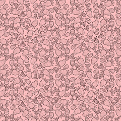 Hand drawn black pencil and marker strawberries seamless pattern isolated on strawberry milkshake background. Can be used for textile, fabric and other printed products.