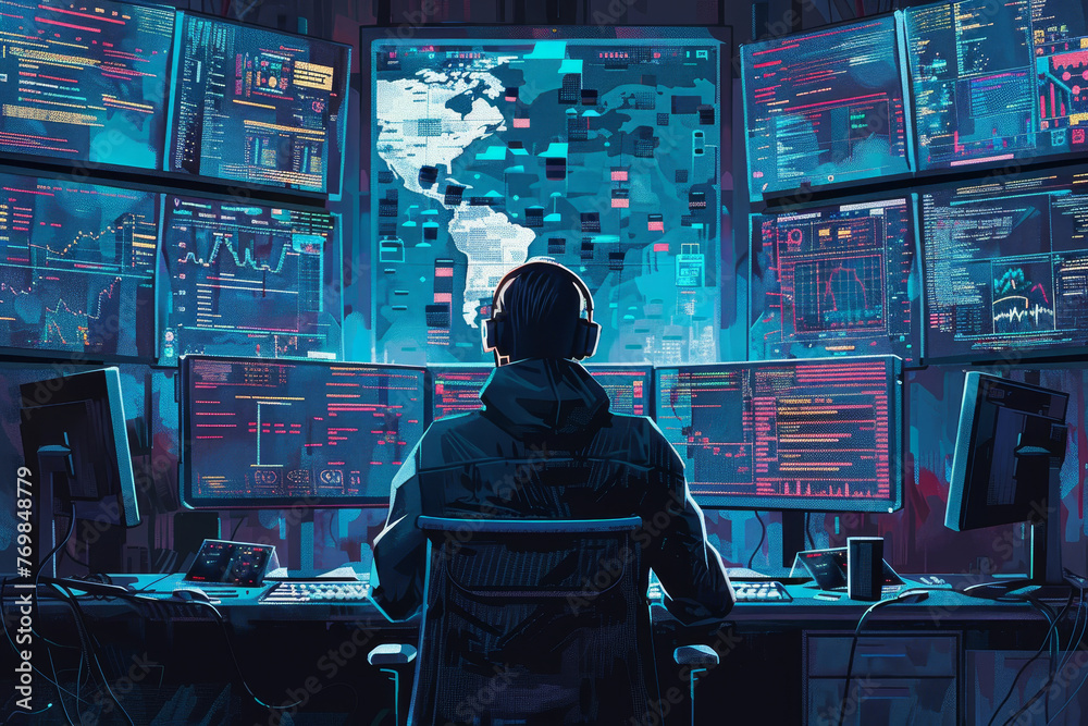 Poster a hacker in a mask sitting in a high-tech control room, multiple screens displaying streams of data.