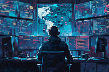 A hacker in a mask sitting in a high-tech control room, multiple screens displaying streams of data.