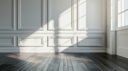 The sun's light casts a shadow on the dark laminate wood floor of the white empty room. It is a classical style in the interior design of the building, with a blank white space.