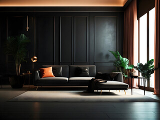 black interior dark background illustration minimalist modern, elegant dramatic, chic stylish black interior dark background design.