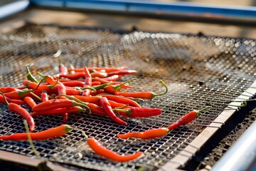 chili peppers drying in the sun on a mesh rack - obrazy, fototapety, plakaty