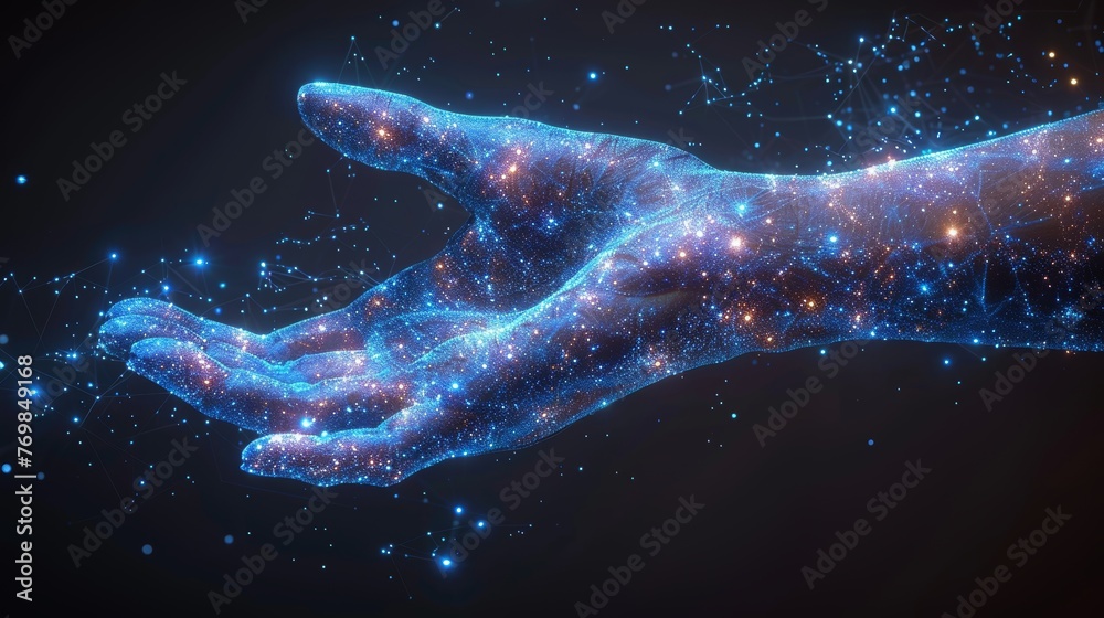 Aufkleber An abstract image of a blue giving hand holding a pin. Low polygon style design. Navigation concept. Modern 3D graphic geometric background. Wireframe light connection structure. Isolated modern