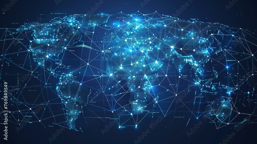 Poster Symbol of internet privacy and cyber protection on the background of a global map in futuristic polygonal style. Modern illustration.