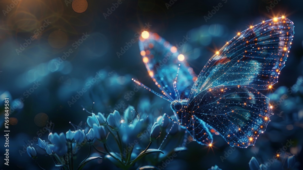 Fototapete in this futuristic framework, a butterfly is created using polygons on a blue background. bringing a