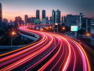 A city street with a long, curving road with cars driving down it. The cars are leaving streaks of light in their wake, creating a sense of motion and energy