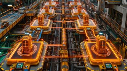 A futuristic industrial setting with a lot of orange and yellow objects