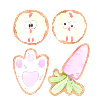 Hand drawn watercolor easter chick rabbit and carrot biscuits isolated on white background. Can be used for cards, label and other printed products.
