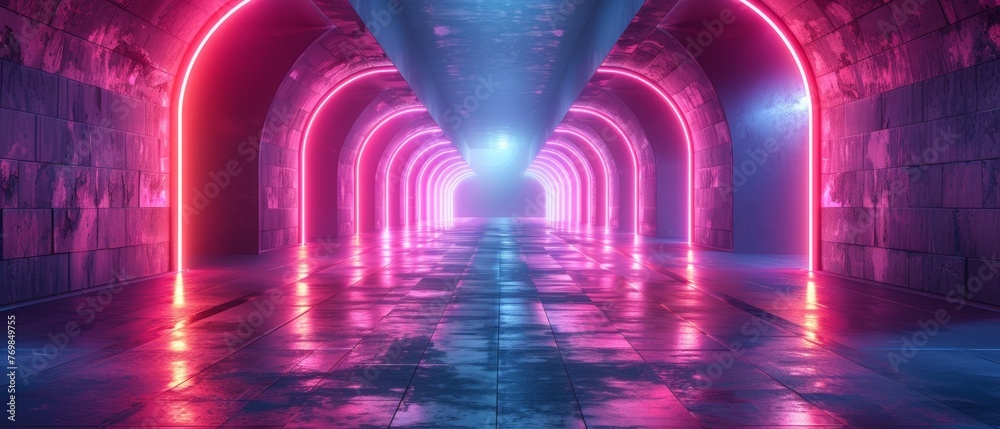 Poster The Shadowed Spectrum: Exploring 3D futuristic sci-fi empty space pathways decorated with neon purple and black light strips in cyberpunk colors