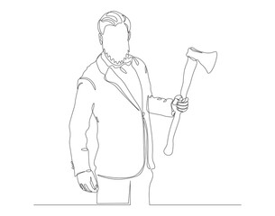 Continuous one line drawing of man holding hand axe. Carpenter tools concept. Axe line art vector illustration. Editable outline.