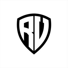 RV monogram logo with bold letters shield shape with black and white color design