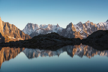 Lac Blanc with Mont Blanc massif reflect on the lake in French Alps - obrazy, fototapety, plakaty
