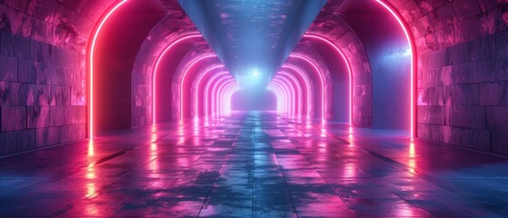 The Shadowed Spectrum: Exploring 3D futuristic sci-fi empty space pathways decorated with neon purple and black light strips in cyberpunk colors - obrazy, fototapety, plakaty