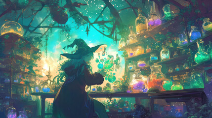 An alchemist's dream, where the periodic table is a living garden, and every element blooms into fantastical colors under the alchemist's careful tending.