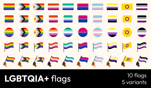 A set of 10 LGBTQIA+ flags with 5 different variants